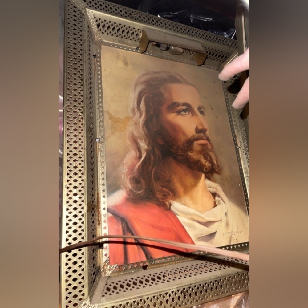 2 Vintage Mid Century Lighted Brass Filigree Frames with Portraits of Jesus